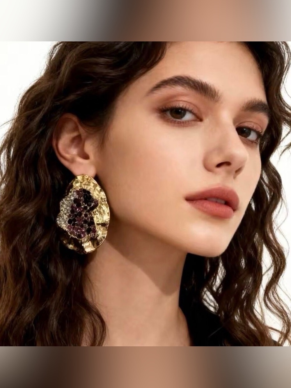 Zara Limited Edition Rare Statement Earrings Gold Tone Rhinestone Red Burgundy